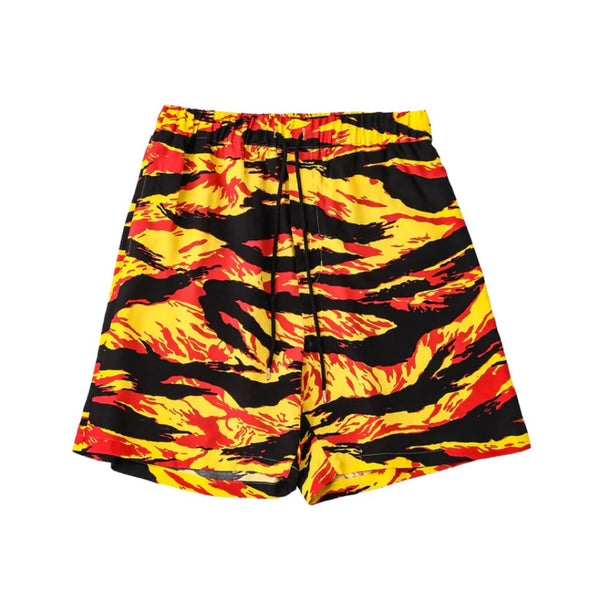 TAKAHIROMIYASHITA TheSoloist. tiger camouflage hawaiian shorts. yellow x black